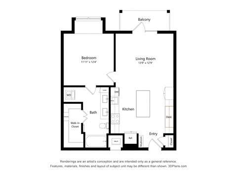 Floor plan for 1 bed, 1 bath, 779 sqft